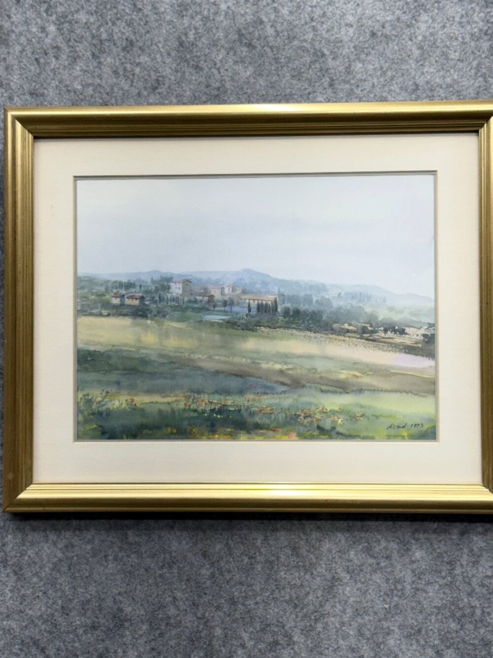 Original Vintage Landscape Watercolor Painting Signed Azad 1993 Framed Matted